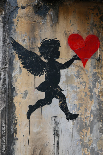 Graffiti of a silhouette Cupid holding a heart. Generative AI