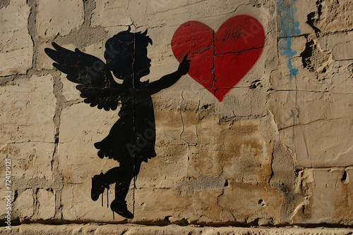 Graffiti of a silhouette Cupid holding a heart. Generative AI