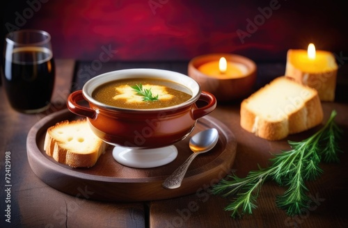 St. Patrick s Day  traditional Irish pastries  national Irish cuisine  Onion soup with Irish porter and cheese croutons  cream soup with beer  candlelit dinner