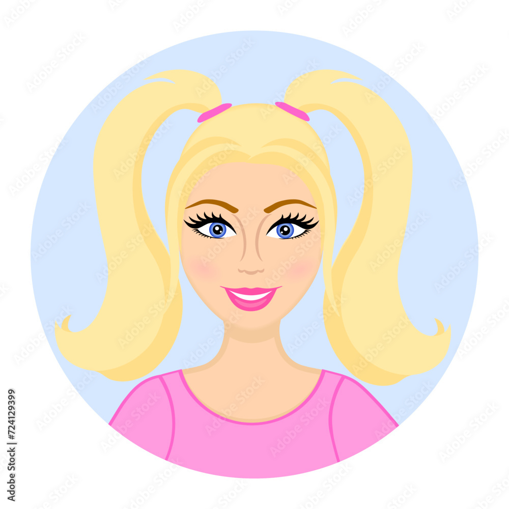 Cartoon avatar of a young girl. Smiling woman. Round icon. Cute face. Caucasian woman. Pink t-shirt. Two ponytails hairstyle. Portrait of a teen. Blond hair Cartoon avatar of a young girl. Smiling woman. Round icon. Cute face. Caucasian woman. Pink t-shirt. Two ponytails hairstyle. Portrait of a teen. Blond hair
