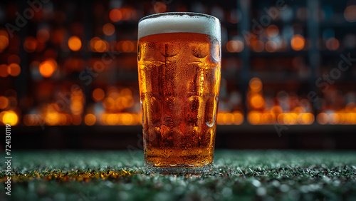 Glass of fresh and cold beer on soccer football stadium background photo