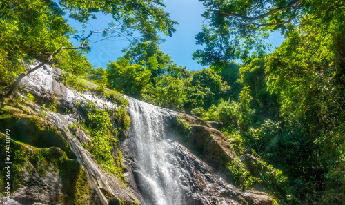 Secluded waterfall deep in the  rainforest of the protected resort island of Ilha Grande  Rio de Janeiro state  Brazil  The island interior is a nature reserve