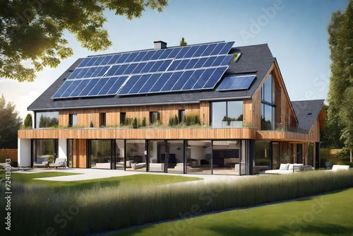 New suburban house with a photovoltaic system on the roof. Modern eco friendly passive house with landscaped yard. Solar panels on the gable roof © Arham