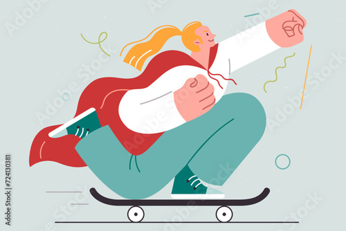 Woman superhero rides on skateboard with hand raised up and rushes to save world, dressed in cape