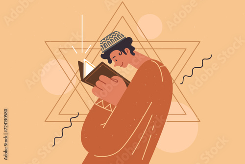 Jewish teenage boy reads torah with description of judaism, standing near star of david