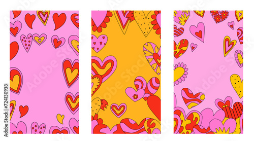 set of vertical frames with hearts for Valentine's day.layered template for social media on the 14th of February. romantic stories for lovers.psychedelic 1970s style,hippie retro vibe,only good vibes