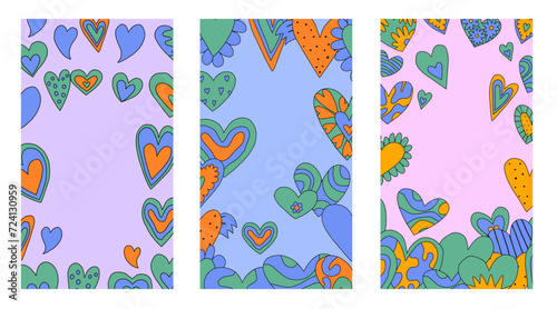 set of vertical frames with hearts for Valentine's day.layered template for social media on the 14th of February. romantic stories for lovers.psychedelic 1970s style,hippie retro vibe,only good vibes	