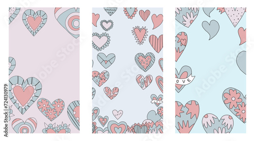 set of vertical frames with hearts for Valentine's day.layered template for social media on the 14th of February. romantic stories for lovers.psychedelic 1970s style,hippie retro vibe,only good vibes	