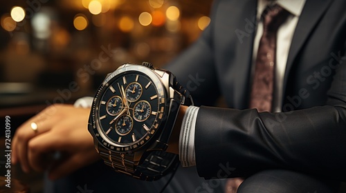 businessman in a black suit is glancing at his watch photo