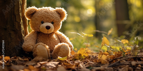 A teddy bear sitting in the  tree in the forest, Teddy bear on a beautiful nature with a wreath. © Joun