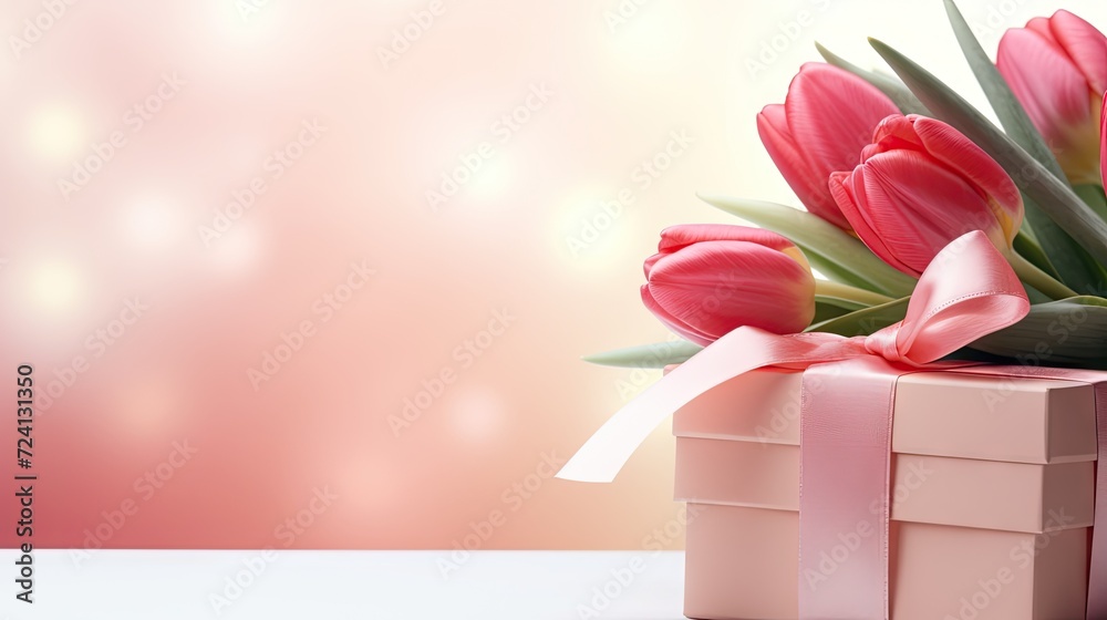 Close-up view of a gift box with a pink ribbon amid a bouquet of red tulips.