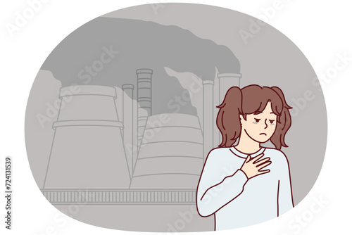 Teenage girl is sad standing near industrial pipes emitting smoke that damage nature. Child living near manufacturing factory with health problems due to harmful emissions. Flat vector image