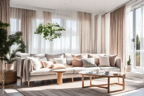 A cozy and stylish living room interior. Couch sofa with linen cushions in pastel neutral colors next to window with white curtains and streams of natural light creates a warm atmosphere © Arham