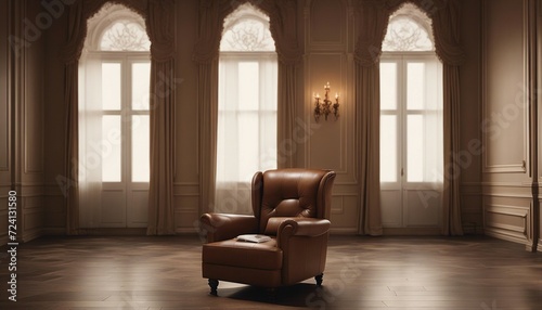Luxury vintage brown leather Armchair against beige blank Wall Interior space in a large empty room