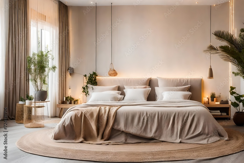 Modern house interior details. Simple cozy beige bedroom interior with bed headboard, linen bedding, bedside table and natural decorations