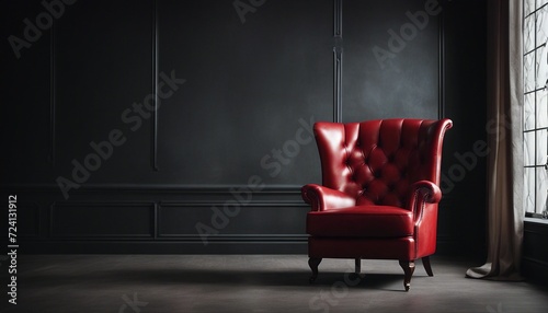 Luxury vintage red leather Armchair against dark blank Wall Interior space in a large empty room, copy space for text   © abu