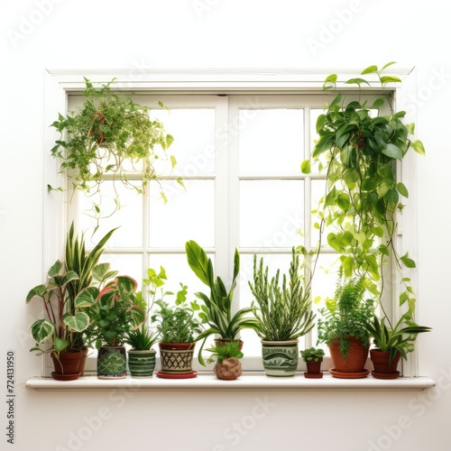 Window decorated with plants isolated on white background