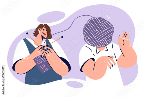 Woman psychotherapist helps man, stands near patient with threads instead of head