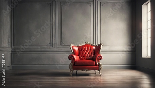 Luxury vintage red leather Armchair against dark blank Wall Interior space in a large empty room, copy space for text
