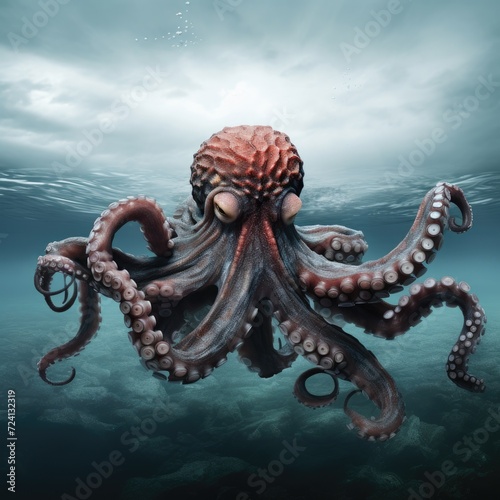 Octopus underwater in lake, octopus in the blue ocean