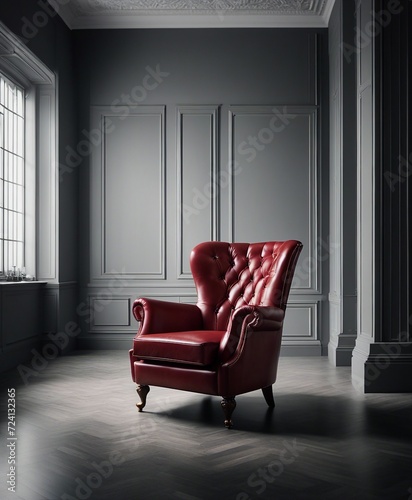 Luxury vintage red leather Armchair against dark blank Wall Interior space in a large empty room, copy space for text