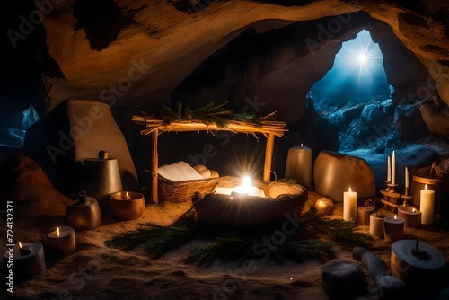 Christian Christmas scene with empty wooden manger, star of Bethlehem in cave. Birth of Jesus Christ, nativity scene background