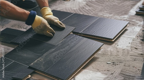 Handyman installing new vinyl floor tiles © Adobe Contributor
