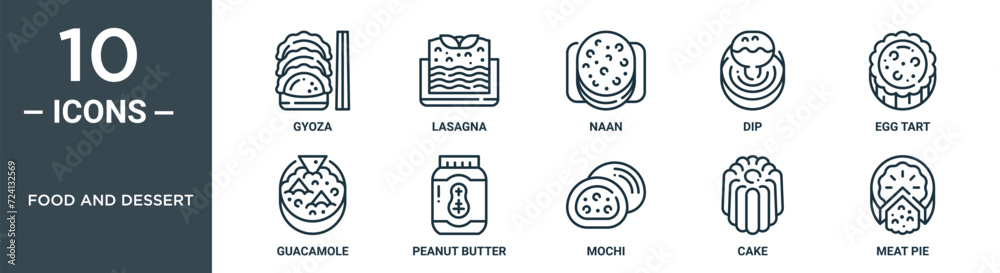 food and dessert outline icon set includes thin line gyoza, lasagna ...