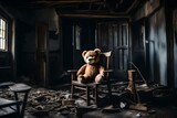 A teddy bear sits on a chair in a abandoned destroy house with copy space
