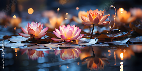 Pink lotus floating on pond at night