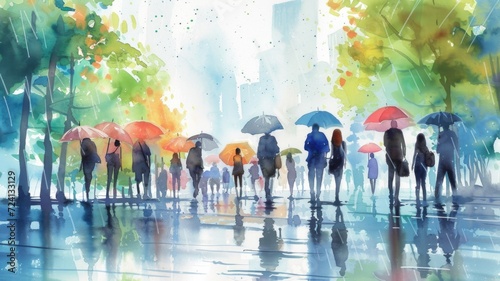 Artistic watercolor painting of people with umbrellas on rainy city street