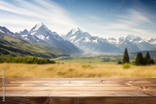 Wooden Table Top with Blurred Mountain Background