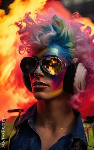 A woman with colorful hair and headphones. Generative AI.