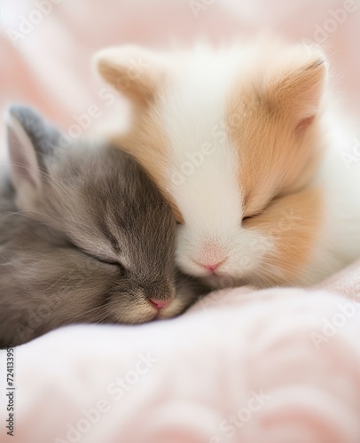 Two adorable kittens snuggled up together on a cozy bed. Generative AI.
