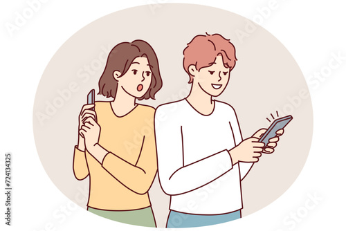 Curious woman looking at boyfriend phone spying on social media correspondence for family distrust concept. Shocked girl pry into man using smartphone to flirt dating app. Flat vector illustration