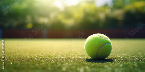 Tennis ball on green grass court with sunset effect, Soft focus of tennis ball on tennis grass court with sunlight. © Joun