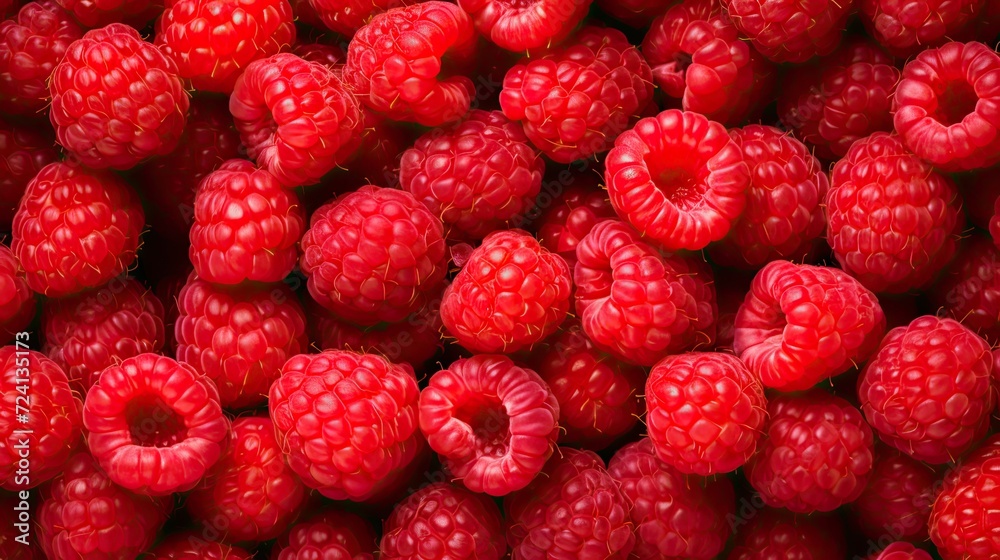 Fresh red raspberries forming a vibrant background in a close-up top-down view. Wide banner layout with an empty place for text, Fresh red raspberries forming a vibrant background in a close-up top-down view. Wide banner layout with an empty place for text,