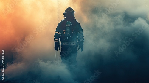 Firefighter fighting with fire in the smoke
