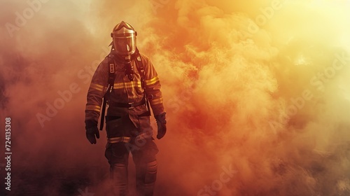 Firefighter in the smoke. Firefighter in a fire suit