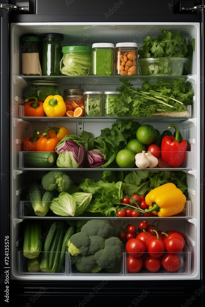 An Open Refrigerator Filled With Fresh Fruits And Vegetables. An Open Refrigerator Filled With Fresh Fruits And Vegetables.
