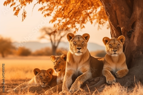 Lion's pride in savannah. World Wildlife Day. Group of wild animals on nature background.