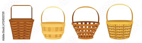 Wicker Basket as Handmade Straw Container with Handle Vector Set