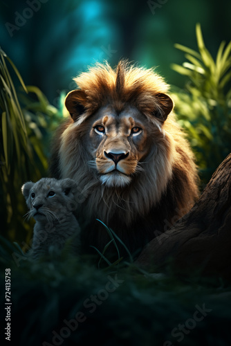 Lion. World Wildlife Day. Group of wild animals on nature background.