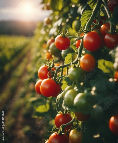 cherry tomato fields with clusters, sun coming through, blurred background 