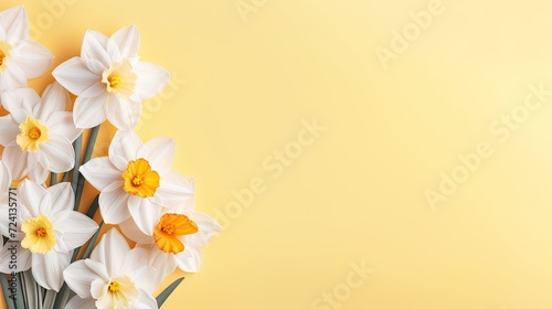 Floral Elegance  Beautiful fresh white and yellow narcissus flower heads on a pastel background  forming a delicate congratulation concept.