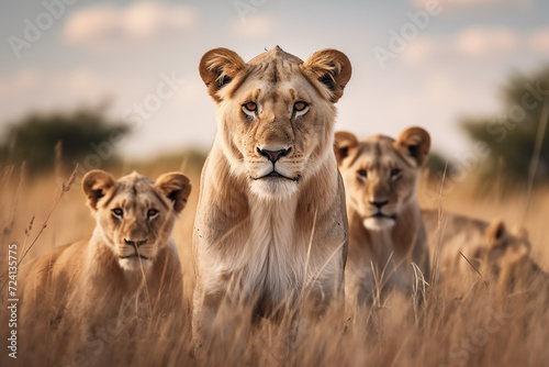 Lion's pride in savannah. World Wildlife Day. Group of wild animals on nature background.