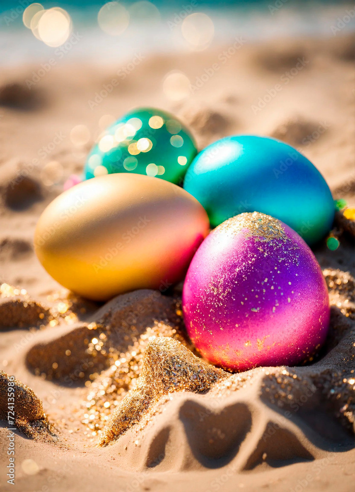 Obraz premium Easter eggs on the beach. Selective focus.