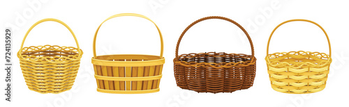 Wicker Basket as Handmade Straw Container with Handle Vector Set