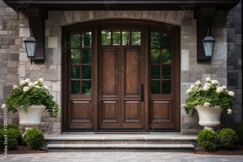 Two planters filled with green foliage are positioned on either side of a front door.