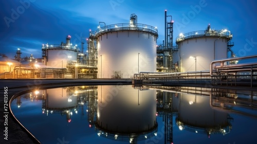 An oil refinery with its distinct structures and machinery reflected in the calm water of a nearby body.